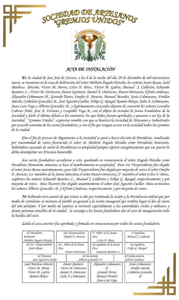 Acta de Instalación Histórica de la Sociedad de Artesanos Gremios Unidos